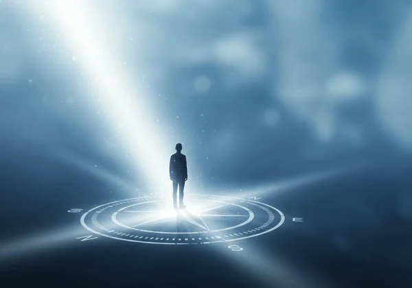 Person reflecting, light guiding moral discovery