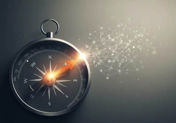 Imej abstrak kompas yang menunjuk ke arah pilihan etika.