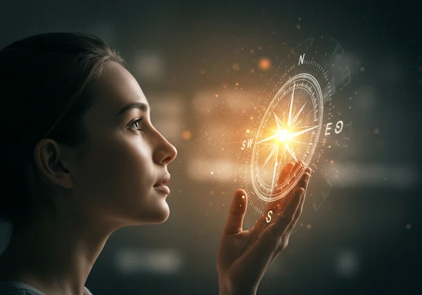 Seseorang sedang merenungkan kompas moral mereka, refleksi diri.