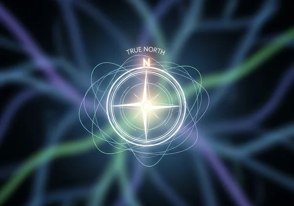 Imej kompas moral abstrak yang membimbing pembuatan keputusan etika.