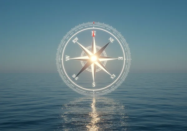 Kompas moral simbolik membimbing sebuah kapal melalui perairan yang jernih