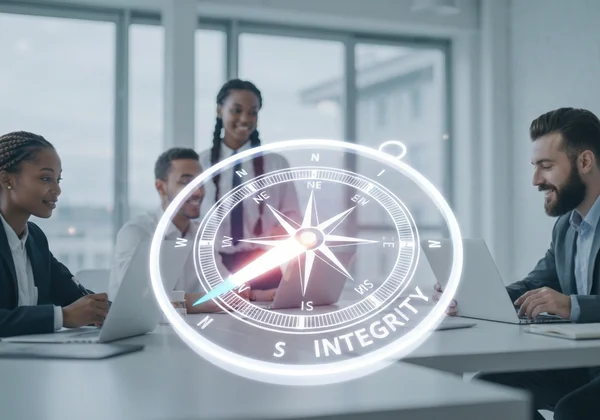 Moral compass pointing to ethics in a professional setting.