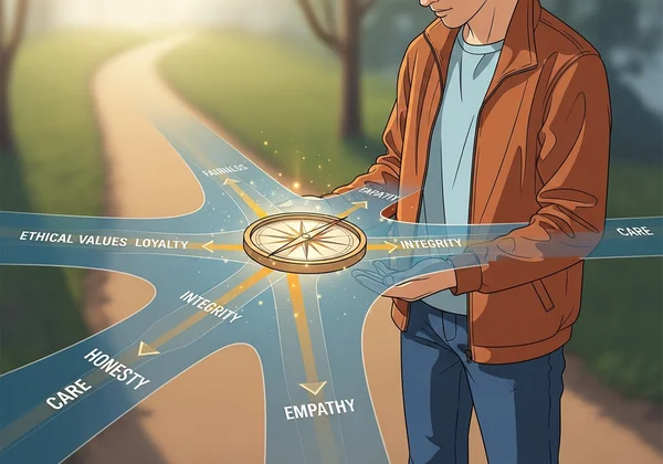 Person navigating a moral roadmap with a compass