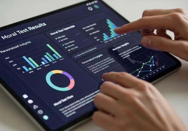 User reviewing personalized moral test results on a screen.