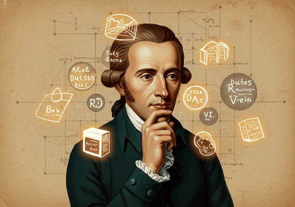 Immanuel Kant with a stern expression amidst abstract rules.