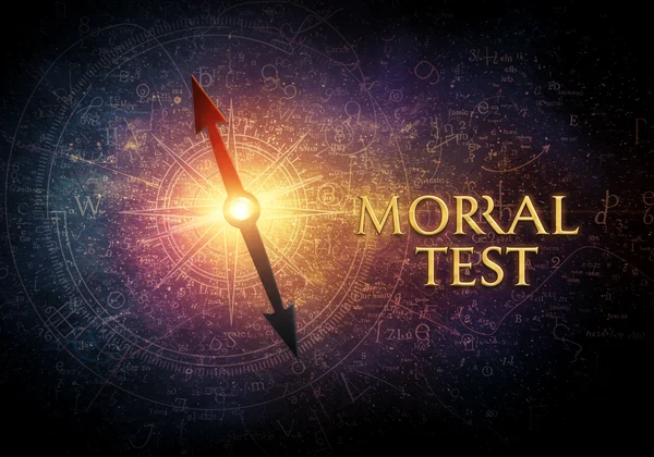 An abstract ethical compass pointing to 'Moral Test'.